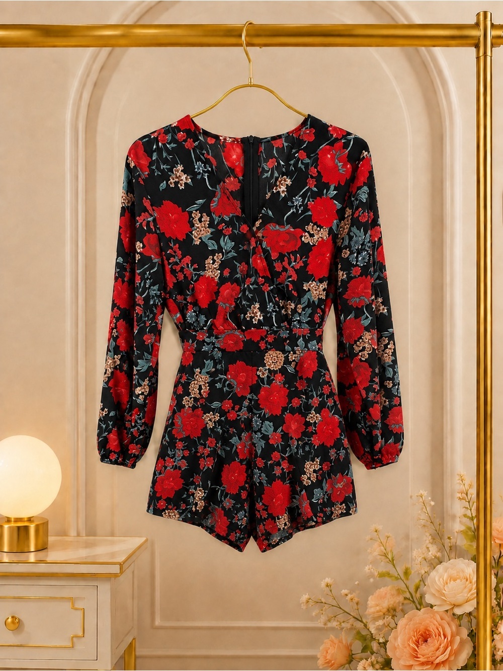Black Red Floral Long Sleeve Tie-Back Romper Shorts Size M